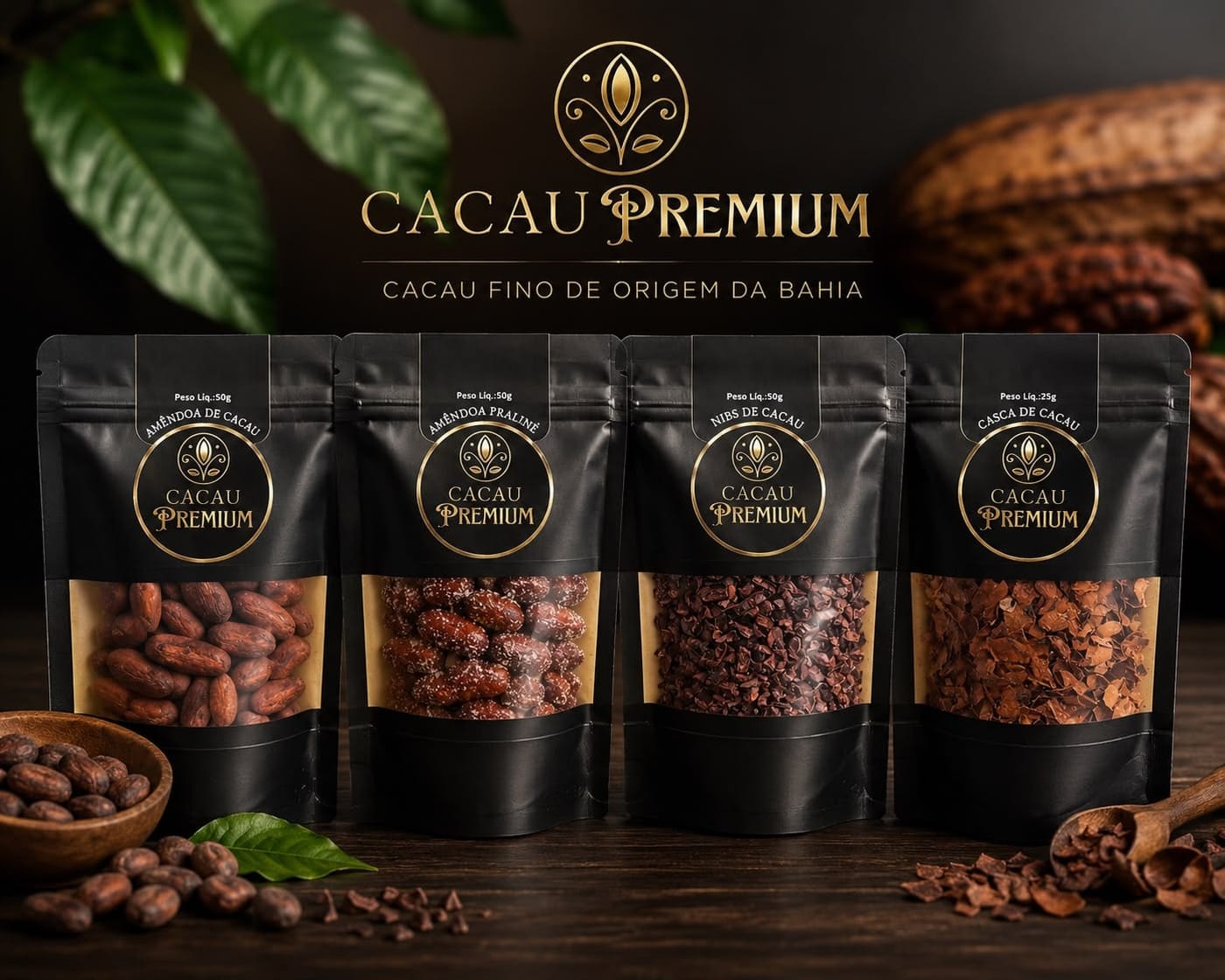 Linha completa Cacau Premium: amêndoa, praliné, nibs e casca de cacau